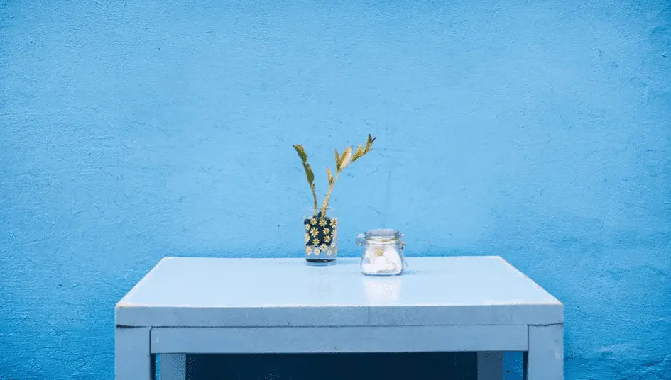 flower vase and glass jar at the top of white table against blue wall